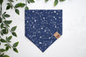 Barking At The Stars bandana print, with constellations labeled in white text on a dark blue background